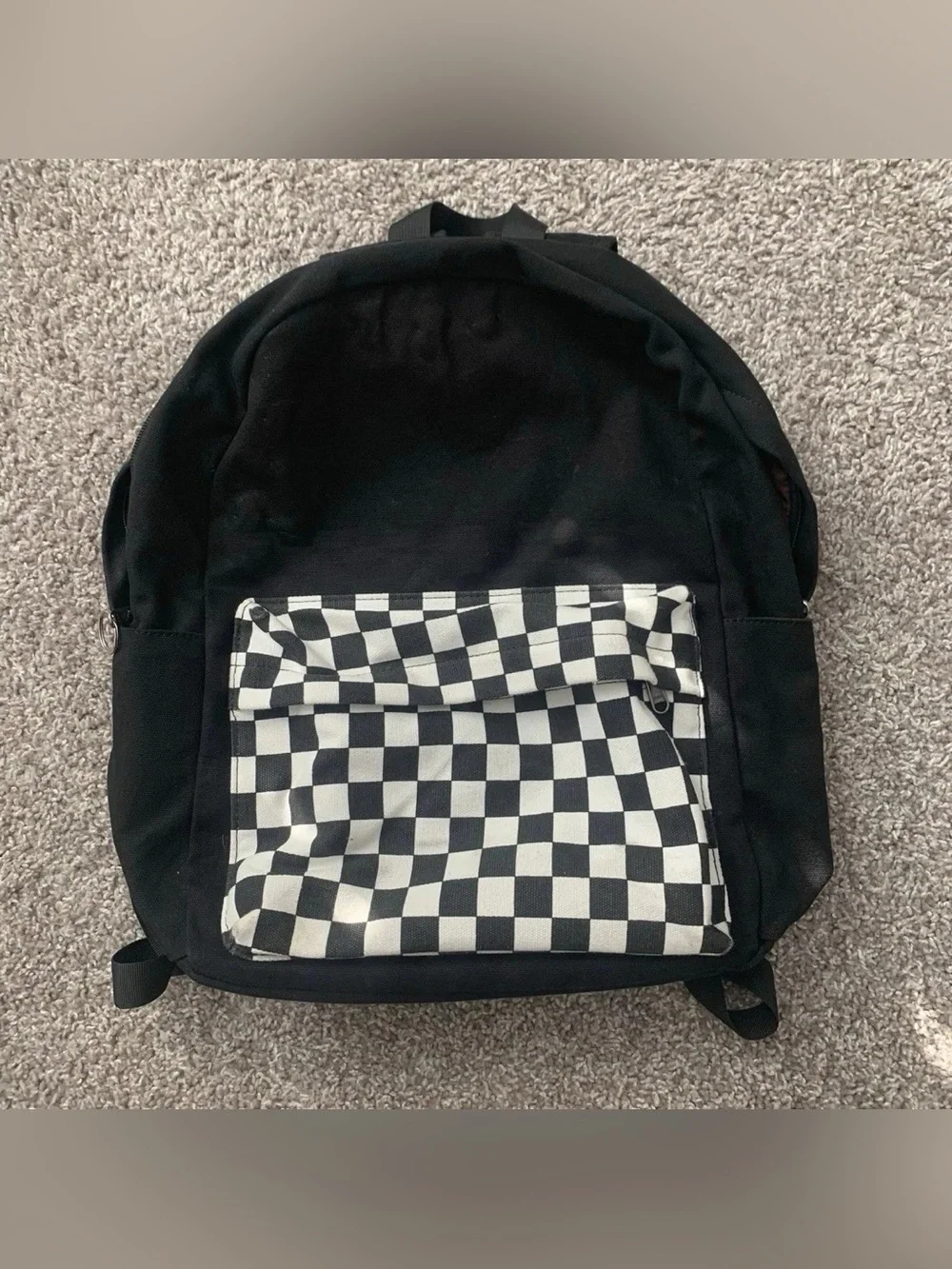 Black Backpack with Checkerboard Front Pocket & Matching Zipper Pouch